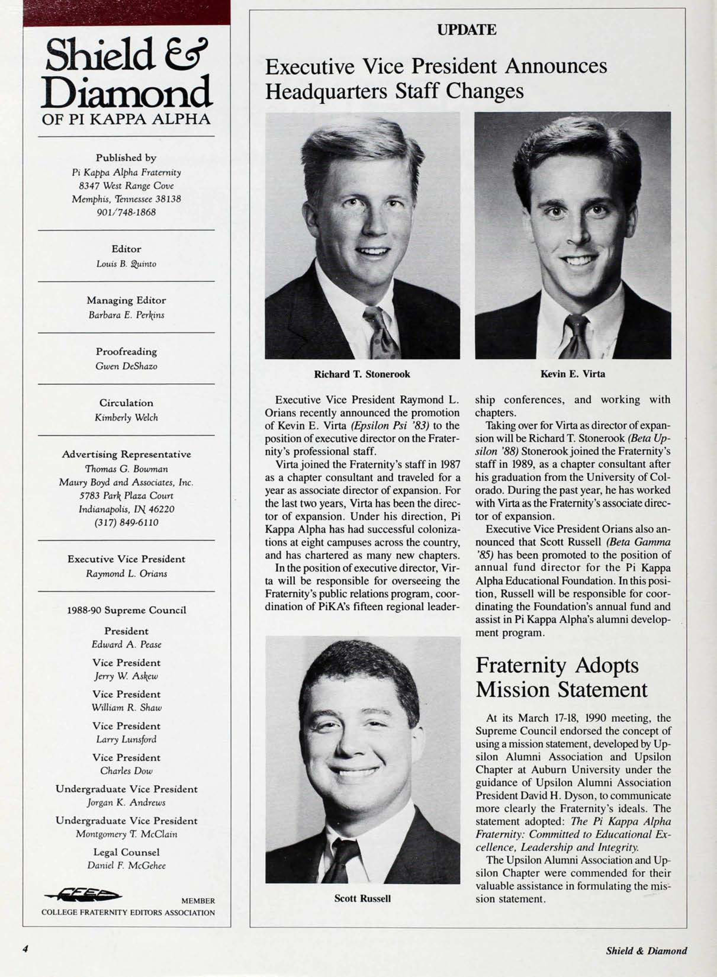 Shield & Diamond Of Pi Kappa Alpha, June 1990